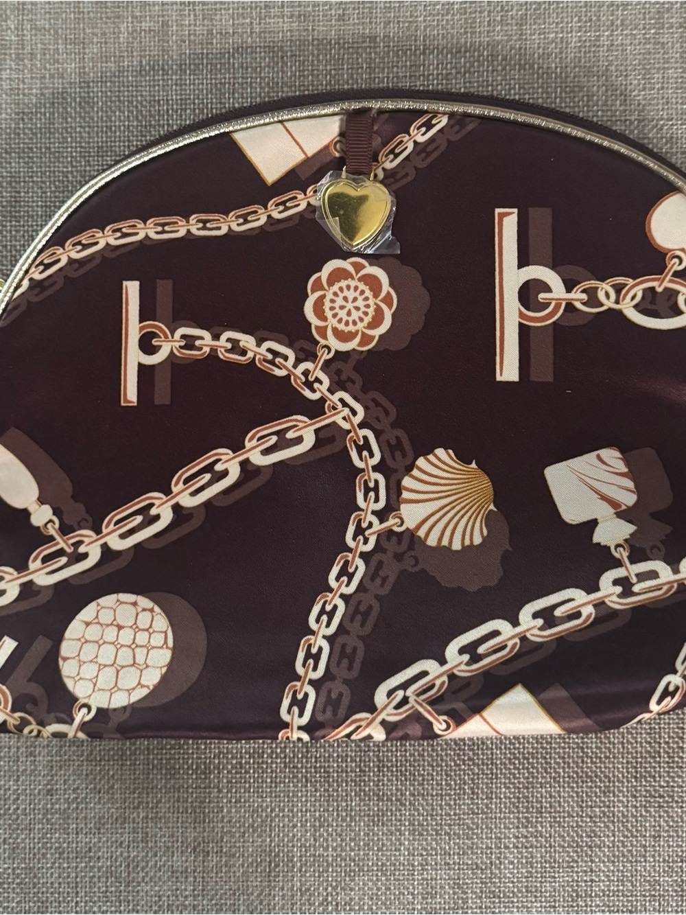 Estee Lauder Brown Chain-Print Cosmetic Pouch with Gold Heart Charm